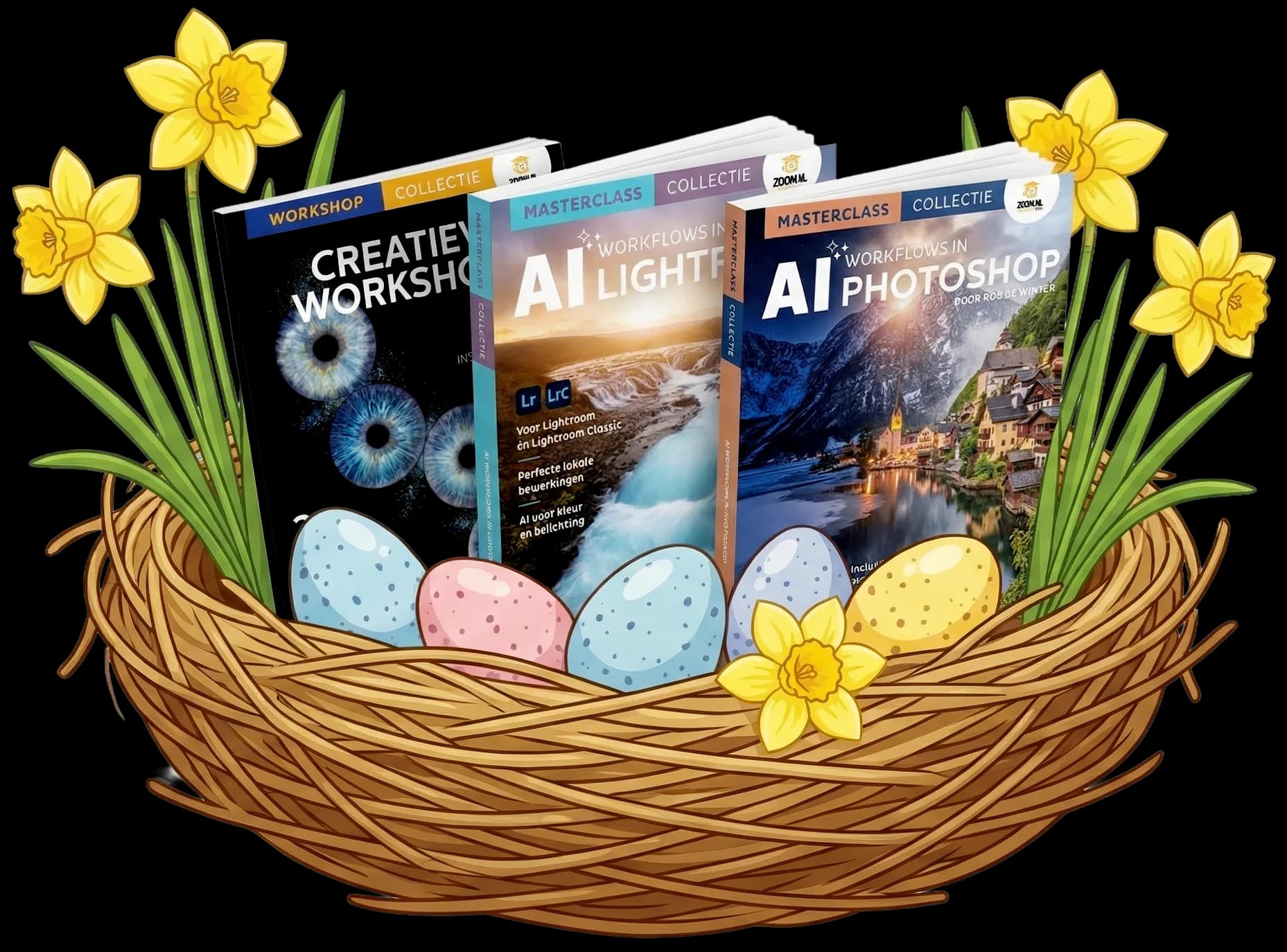 Zoom Academy cursusboeken in een paasnestje met narcissen